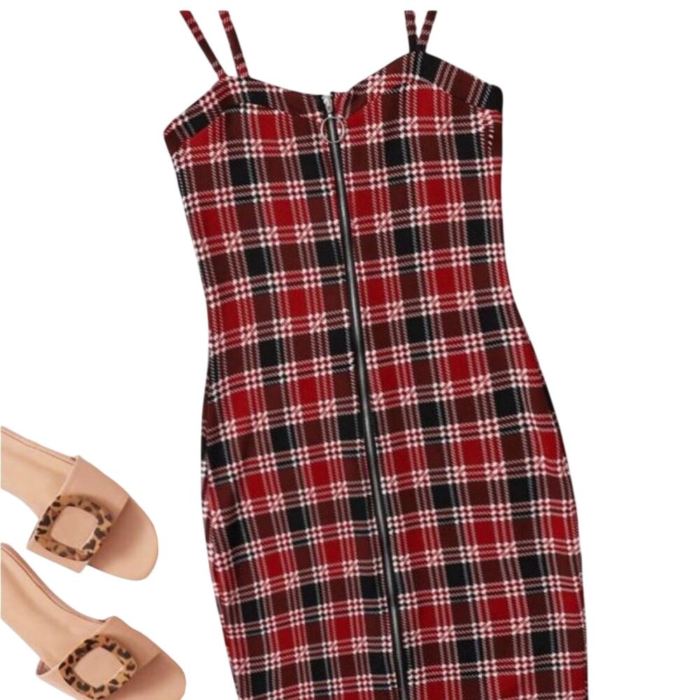 SHEIN Rust Red Plaid O-Ring Zip Front Bodycon Dress Size XS Stretch Knit Mini